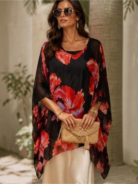 Lace The Label Silk Floral Sheer Poncho Black Tank Tunic Kimono Top